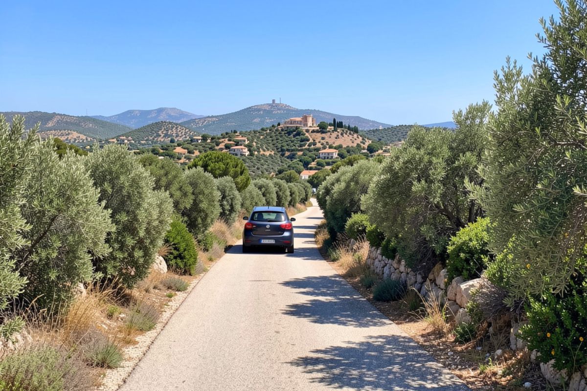 Dettaglio di una strada panoramica tra macchia mediterranea con auto che si avvicina a Stintino, cielo blu, atmosfera estiva
