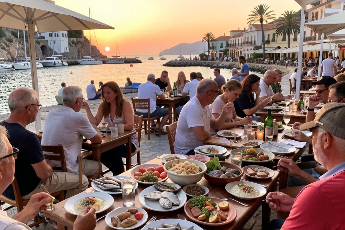 Scorcio di un porticciolo di Stintino al tramonto con tavoli all'aperto, piatti tipici a base di pesce, atmosfera conviviale tra locali e turisti