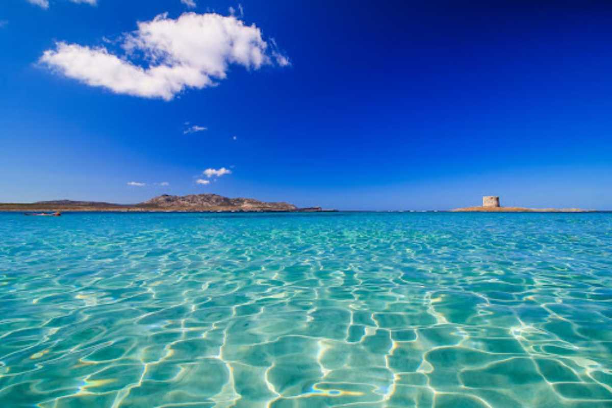 Panoramica aerea della Spiaggia La Pelosa, mare turchese trasparente, sabbia bianca, Torre della Pelosa sullo sfondo, persone che si rilassano